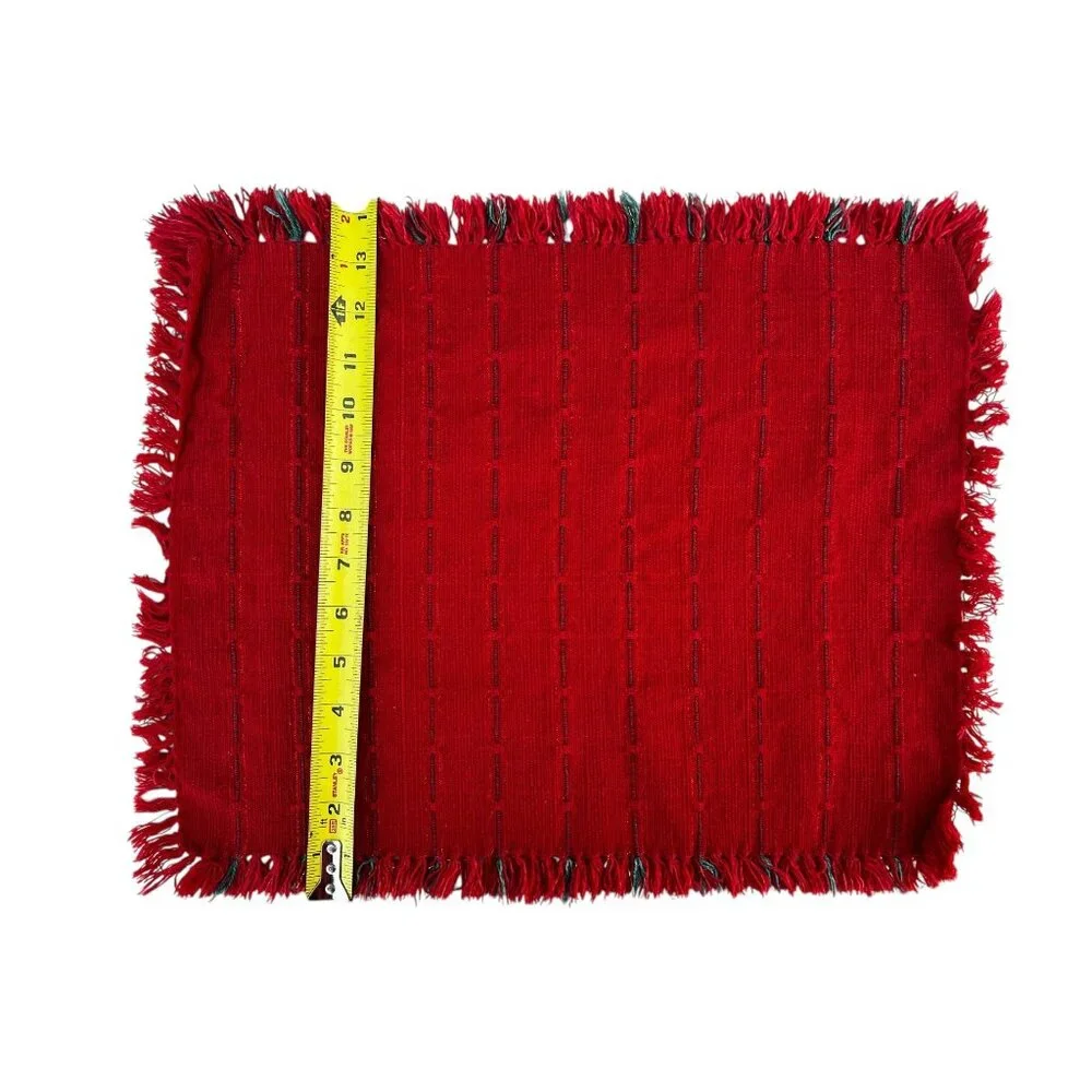 Set Of 4 Handmade Woven Red Placemats & Napkins Fringe Edges & Green Accent